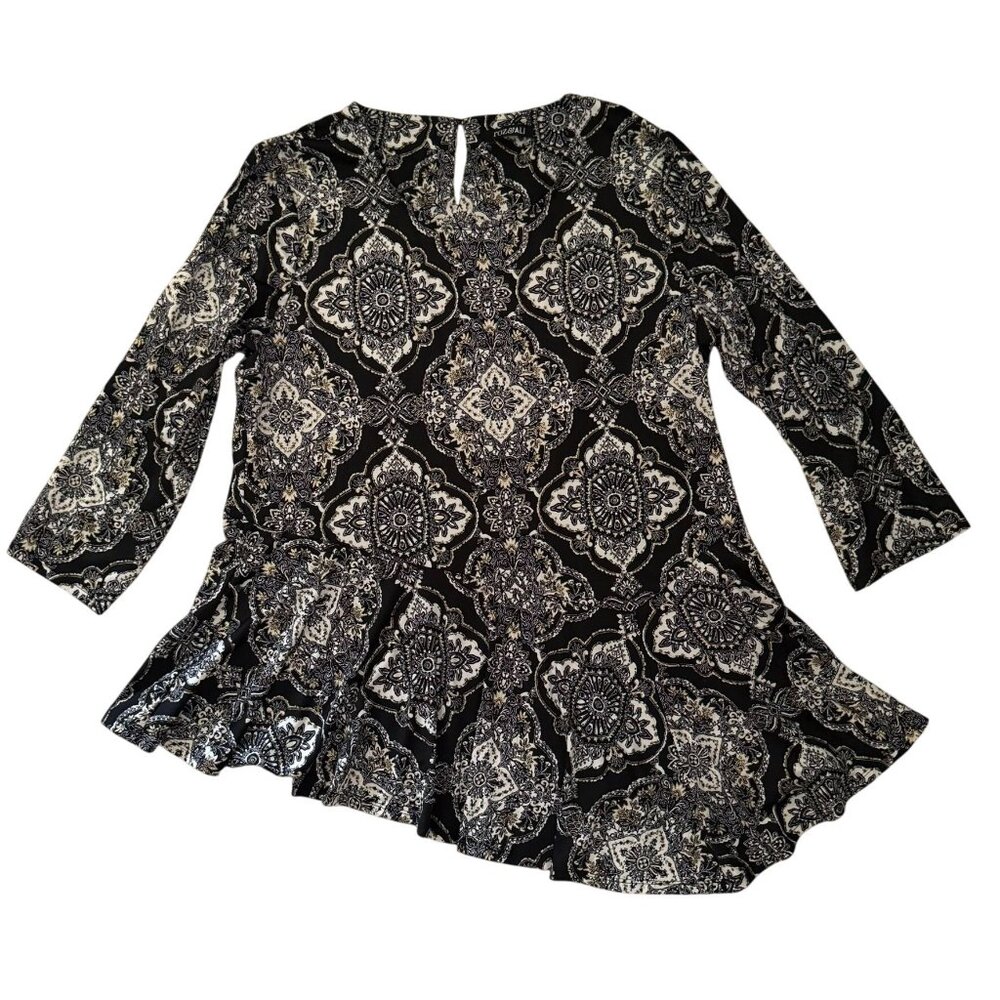 Roz and Ali Black Gold White High Low Peplum Blouse Size XL Floral Geometric